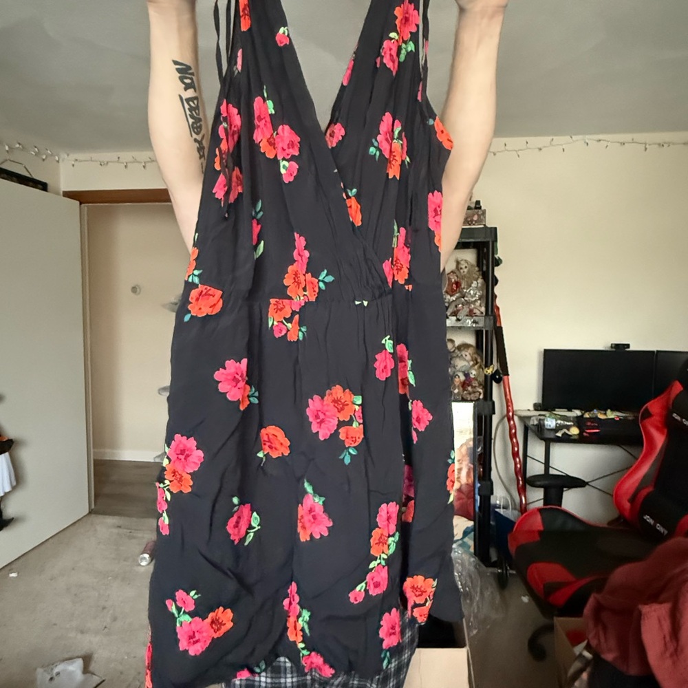 Express Black Dress with Red and Pink Floral Design